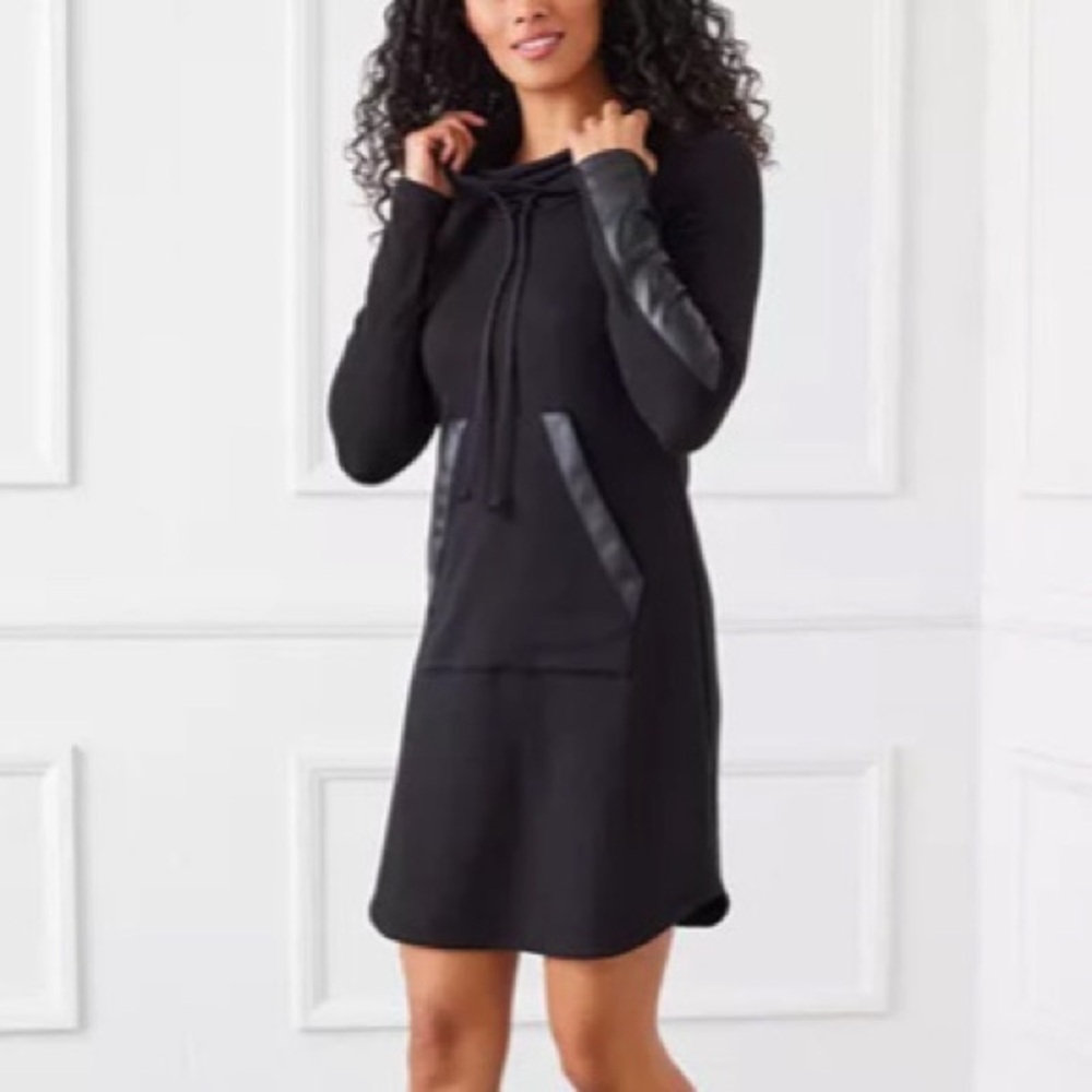 Karen Kane Womens Black Faux Leather Long Sleeve Cowlneck Dress NWT Size Large